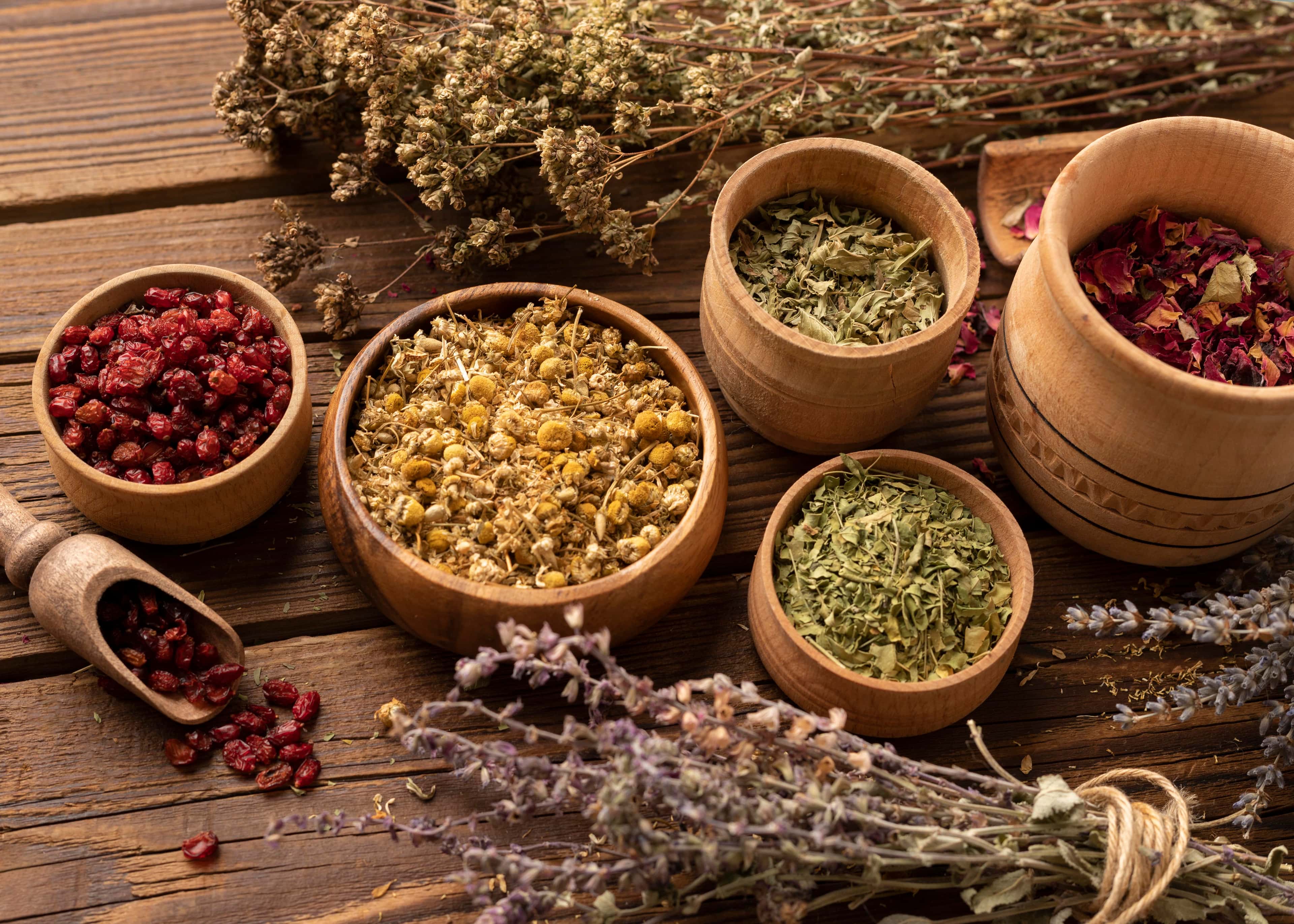 Medicinal and aromatic plants on a wooden table